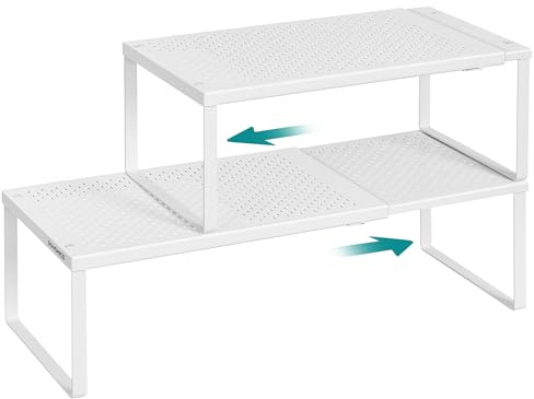 SONGMICS Juego de 2 Especieros, Extensibles, Organizador de Cocina, Estante de Cocina, Organizador de Armario, Estante Pequeño, Metal, Encimera, Mesa, Zapatero, Blanco Mate KCS402W01