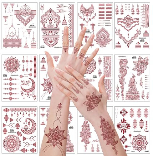 KASESSS 12 Sheets Brown Temporary Tattoos, Fake Tattoos, Temporary Tattoos for Women, Waterproof Tattoos Sticker Kit, Lace Pattern Indian Tattoo Stickers for Women Girls Body Neck Finger Arms Legs