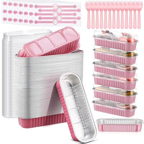 LemonRoad 600 Pcs Mini Loaf Pans with Lids Spoons Sealing Sticker Small Cake Baking Pans Disposable Aluminum Foil Cupcake Baking for Spring Baby Shower Party, Mother's Day (Rectangle,Pink)