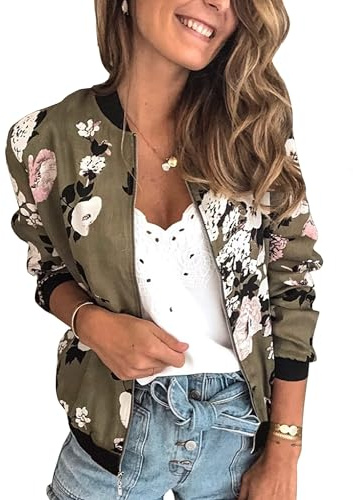 ECOWISH Women's Casual Floral Zip Up Bomber Jacket Coat Lightweight Short Camo No Lining Outwear Tops Thin Outfit with Pocket 333 Olive Green Medium