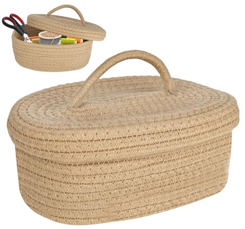 YHNDECO Cesto portaoggetti in corda di cotone con coperchio, cestino in cotone intrecciato, cestino con coperchio in cotone, per bagno, mensola, cameretta dei bambini, 23 cm x 15 cm x 10 cm