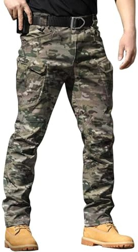 AMDOLE Mens Cargo Trousers UK Stretch Tactical Work Pants Multi-Pocket Elastic Waist for Hiking Outdoor Camping Casual Lightweight Durable Waterproof Trousers Camouflage L