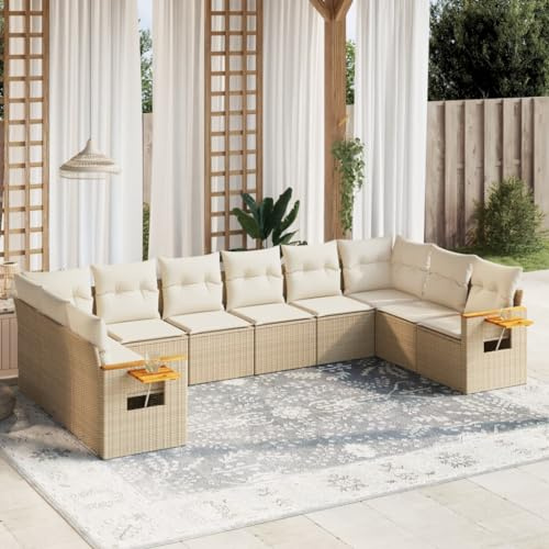 JHQHSM Set di 10 divani da giardino con cuscino, beige, in polyrattan, design modulare con rivestimenti rimovibili e pratici ripiani pieghevoli, resistente alle intemperie, in rattan sintetico