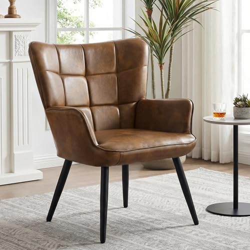 Ckaff Fauteuil Salon Scandinave, Chaise Coiffeuse en Cuir PU, Chaises Salle à Manger Chaise Rembourrée avec Accoudoirs & Dossier Ergonomique pour Chambre Salle à Manger Bureau Allaitement, Brun