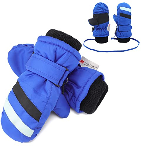 F Flammi Toddler Kids Snow Mittens with String Waterproof Ski Mittens Thinsulate Winter Gloves for Baby Girls Boys(Blue, 4-6 Years)