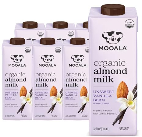 Mooala Organic Vanilla Bean Almond Milk Unsweetened 32 fl oz (Pack of 6) – Shelf-Stable, Lactose Free, Gluten-Free, Vegan, No Added Sugar, Plant-Based Beverage