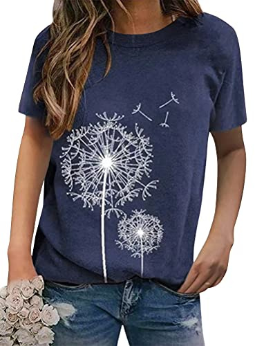 Dresswel Women Dandelion T-Shirt Cute Graphic Print Crew Neck Short Sleeve Summer Tops Basic Tshirts
