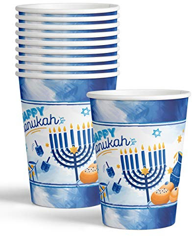 Chanukkah-Tassen – 266 ml – 10 Stück – Chanukka-Papierwaren – Blau und Weiß Chanukka-Motto-Partyzubehör