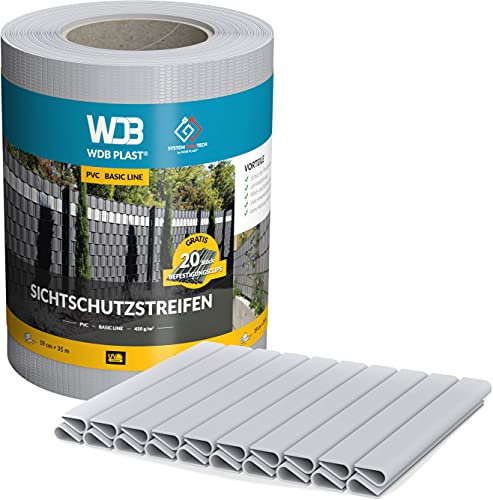 WDB - Sichtschutzstreifen für Doppelstabmatten Sichtschutz Zaun - 19 cm x 35 m + 20 Stück Befestigungsclips - PVC Windschutz Basic Line - Grau - RAL 7040
