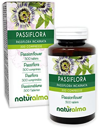 Passionsblume (Passiflora incarnata) Kraut mit Blüten Naturalma - 150 g - 300 Tabletten - Nahrungsergänzungsmittel - Natürlich und Vegan