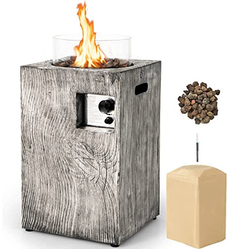 COSTWAY Outdoor Gas Patio Heater, 30000BTU Flame Adjustment Portable Propane Fireplace with Waterproof Cover, Glass Wind Guard, Volcanic Rocks & Touch-up Pen, Real Flame Standing Floor Heater