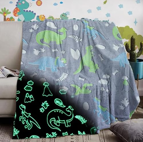 IUNTWEIE Coperta in Pile per Bambini Dinosauri Fluorescente, Coperta in Pile di Flanella, Che Si Illumina al Buio coperta per tutte le stagioni per bambini 130 x 150 cm