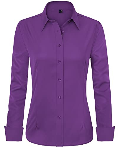 J.VER Womens Shirts Long Sleeve Purple Fitted Stretch Dress Shirt Business Work Office Tops Casual Fashion Ladies Blouses Shirts M