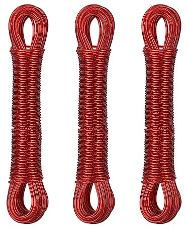 Relaxdays Wäscheleine 3er Set, 20m, Wäscheseil mit Stahlkern, PVC, extra stark, drinnen & draußen, Wäscheschnur, rot