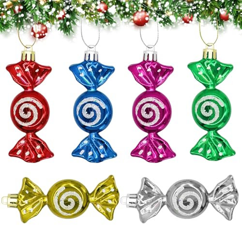 Christmas Candy Ornaments, 6 Pieces Christmas Tree Candy Hanging Decorations Glitter Candy Cane Ornament Sweet Shaped Baubles Hanging Pendants for Xmas Party Home Decor A7TGGJ (colored)