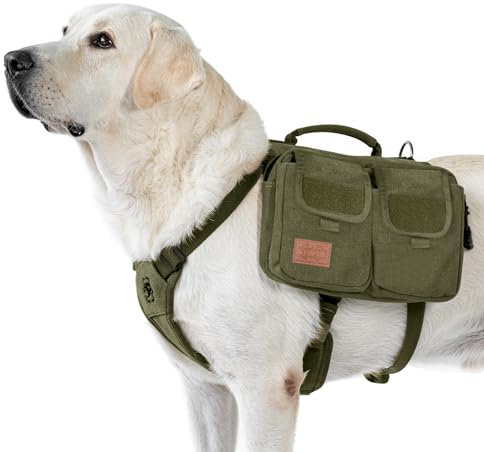 OneTigris Hundegeschirr mit Tasche, Hoppy Camper 3.0 Camping Wandern Hunderucksack für für Mittlere/Große Hunde, Rucksack für Hunderücken 2 Haupttaschen 4 Nebentaschen - Grün L