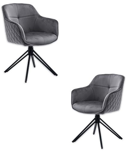 EMMA Esszimmerstühle 2er Set mit schwarzem Metallgestell, Grau - Bequeme Samt Stühle für Esszimmer & Wohnzimmer - 59 x 82 x 62 cm (B/H/T)
