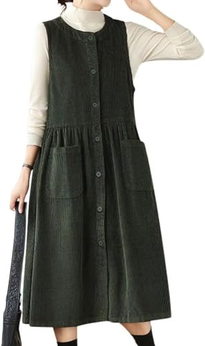 Lazutom - Robe d'ensemble en velours côtelé à boutons pour femme - Saison automne-hiver - Avec poches, Vert, 42