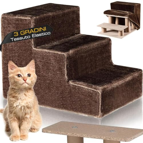 BAKAJI Scala per Animali Domestici con 3 Gradini e Rivestimento Sfoderabile in Peluche, Rampa per Gatti e Cani Anziani, Scaletta con Imbottitura ad Alta Densità, 45,5 x 36 x 34 cm… (Marrone)