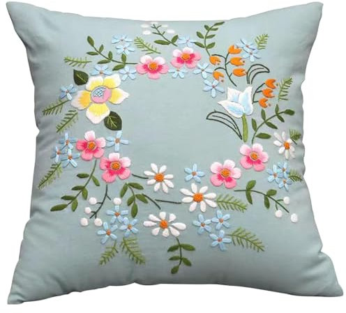 Kit de bordado de funda de almohada, kit de bordado, funda de cojín, kit de bordado, cojín de coche, kit de funda de almohada bordada a mano, juego de puntadas con patrones de flores y aro bordado