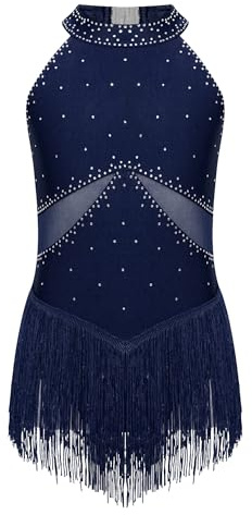 iiniim Vestido de Patinaje sobre Hielo para Niñas Maillot Baile Latino con Flecos y Brillante Pedrería Leotardo Gimnasia sin Mangas Vestido de Baile Salsa Cha Cha Azul Marino A 11-12 años