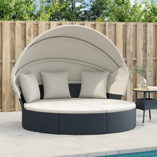Outdoor Beds Patio Lounge Bed with Canopy and Cushions Black Poly Rattan,Outdoor Lounge Bed with Canopy and Cushions: Durable and Comfortable Patio Furniture for Relaxation Beds for Patio, Lawn & Gard