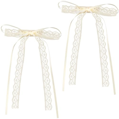 CustomyLife 2Pcs Beige Lace Hair Bow Clips Cute Coquette Snap Barrettes Bowknot Hair Ribbon for Women Valentines Wedding Prom Decorative Accessories