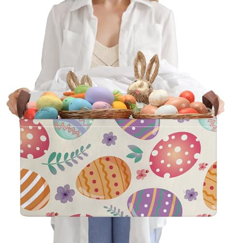 Boao Large Easter Basket Easter Collapsible Storage Bins Cute Flower Egg Fabric Storage Basket with Handles Organizer Books Shelf Room Decor