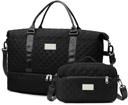 Outplea 55L Travel Bag for Women, Large Overnight Weekender Bag with Shoe Compartment & Wet Pocket, Hospital Holdall with Toiletry Bag, Black