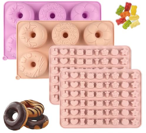 HJJMN 2Stks Silikon Donut Backform, 6 Fach Wiederverwendbare Donutform, Antihaftbeschichtung Donut Bagel Backblech, 2Stks Gummibärchen Formen, 54 Fach Silikon Bonbon Formen für Kuchen Kekse Muffins