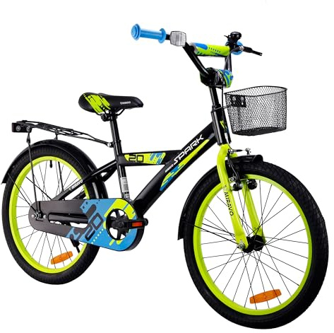 MIRAVO Kinderfahrrad 20 Zoll für Jungen von 5-8 Jahren mit Schubstange - Leichtes Fahrrad für Kinder mit Korb - V-Brake Bremsen - Spark Schwarz Grün