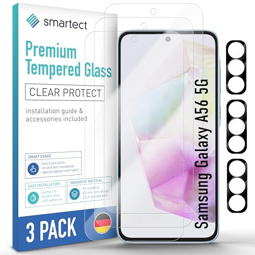smartect Skärmskydd 3 + 3 Stycken för Samsung Galaxy A56 5G | HD Screen Protector + Kamera, Härdat Glas Anti-Repor, 0.3 mm Ultra-transparent, 9H Hårdhet, Stötsäker, Bubbelfri