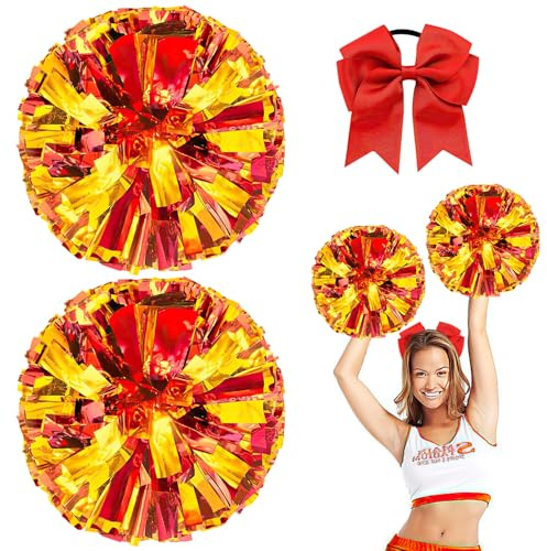 Nuyoah Pompon da cheerleader, rosso, 2 pezzi, pompon da cheerleading cheerlead, pompon da cheerleading pong pongs cheerleader pom poms cheerleading lamina metallica per sport competizione, feste di