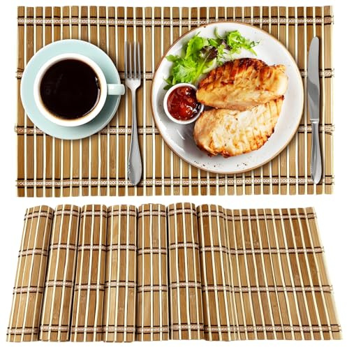 Ralahbeifm 8 Pack Bamboo Placemats, Natural Anti-Slip Dining Table Mats Rustic Heat-Resistant Place Mats Rectangular Sushi Rolling Mat for Kitchen, Table Protection, Dining Room