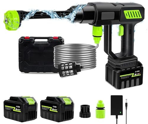 Limpiador de alta presión con batería, 120 bares, pistola de alta presión inalámbrica 300 l/h con boquilla 6 en 1 y manguera de 5 m, pistola de alta presión para lavar y riego de coche (2 baterías)
