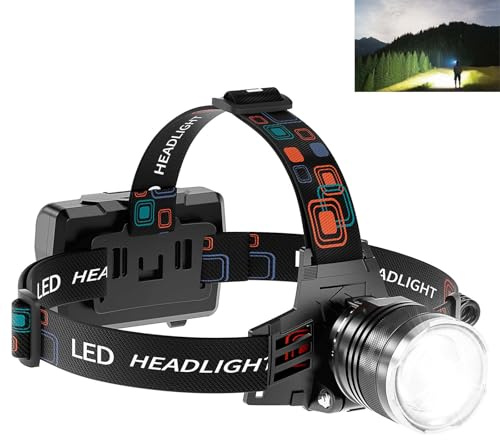 Rechargeable Headlamp Super Bright, 5 Modes Head Lamp for Forehead Zoomable, High Lumens Headlamp for Adults Waterproof, 90° Adjustable Head light & 9000mAh Long Runtime for Camping, Hunting, Hiking