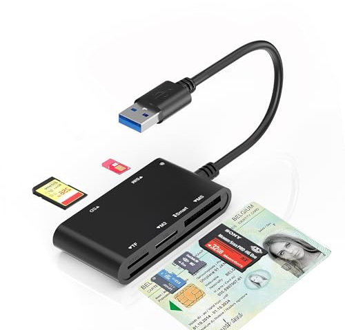 USB SIM-Kartenleser für PC - 7-in-1 SIM Karten Lesegerät für SIM, SD, M2, MS, Micro-SD, MMC, Smart Karten, Memory Stick Pro Duo Adapter, M2 Lesegerät, Chipkartenlesegerät Leser ISO 7816 Klasse A,B,C