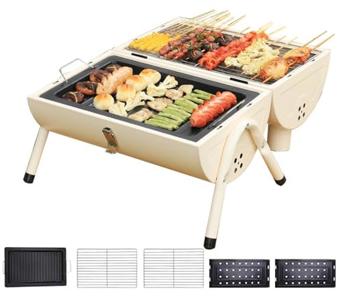 Barbecue a carbonella, a forma di barile, con manico, griglia compatta con coperchio per casa, picnic, giardino, balcone e campeggio