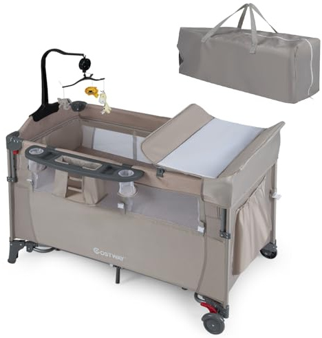 COSTWAY 5 in 1 Travel Cot, Foldable Baby Bedside Sleeper with Bassinet, Diaper Changer, Mattress, Music Box, Hanging Toys, 4 Adjustable Heights Infant Crib from Newborn to Toddlers (Khaki)