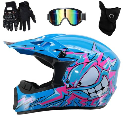 Casque de Moto Tout-Terrain pour Enfants, Homologué Dot, Casque IntéGral de Motocross pour Jeunes GarçOns Et Filles, Casque de BMX/MX pour Jeunes GarçOns Et Filles(226 Blue,XL(59-60CM))