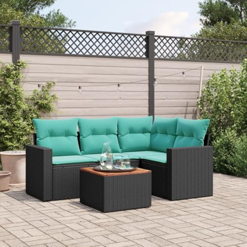 kithwjll Ensemble de canapé de jardin 5 pièces avec coussins en rotin synthétique noir résistant aux intempéries pour terrasse, balcon et extérieur, comprend table, groupe de sièges, banc, fauteuil