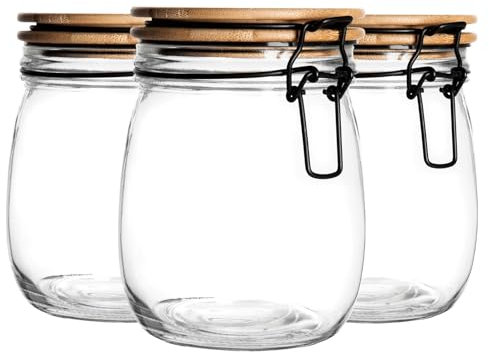 Argon Tableware Glass Storage Jar with Airtight Wooden Clip Lid - 750ml - 3 Pack - Kitchen Container Round Preserving Jar for Pickling, Chutney, Jam, Coffee, Oats