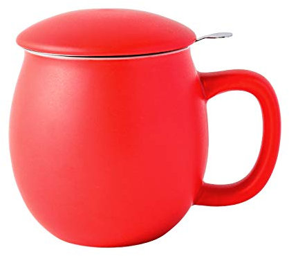 Yundu Taza de té de porcelana de 12 onzas con infusor y tapa, taza con tapa para empinar, color rojo mate