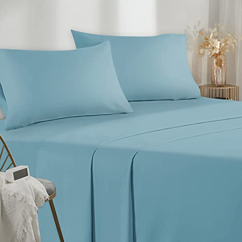 Poligino Lenzuola Matrimoniali 160x190/200cm - Completo Lenzuola 4 Pezzi in Microfibre - Lenzuolo con Angoli - Lenzuola Sopra - 2 Federa 50x80 - Celeste