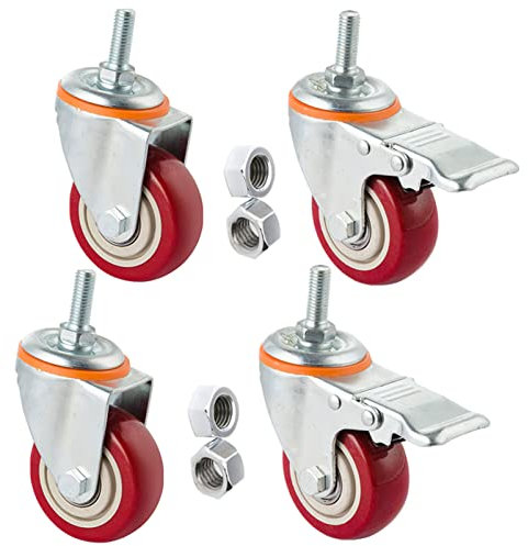 Rollen Möbel mit Gewinde Möbelrollen 4 Stück Polyurethan Schwerlastrollen leises Rollen Möbelrollen für Schwerlastrollen im Industriebereich Möbel Tabelle Wagen (100mm M10,Schwenkräderx2 +Bremse x2)