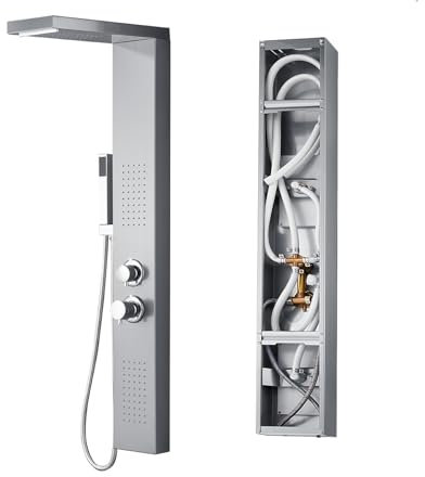 YUENFONG Pannello Doccia a Pioggia in Acciaio Inox - Sistema Doccia Con Doccetta e Cascata - Colonna Doccia Argento