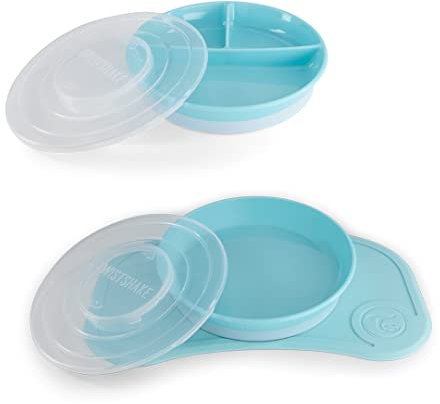 Twistshake Babygeschirr-Set Mini + Geteilter Teller | Baby-Saugnapfplatte + Baby-Tischset (31 x 17 cm) + geteilter Teller | BPA-frei | Trainingsplatte | Blau