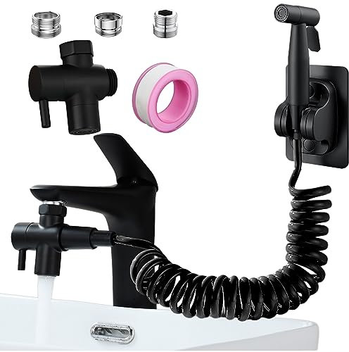 Roscid Douchette WC Kit Complet Noir avec Tuyau Flexible 3M et Support, Pulvérisateur de Bidet à Main pour Toilette avec M22-24 G1/2 Adaptateurs, Bidet Hygiénique avec Robinet 3 Voies(Noir Tuyau)