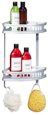 Relaxdays Badeckregal, Dusche, 2 Ebenen, 2 Haken, Wandmontage, HxBxT: 39 x 30 x 23 cm, Duschablage, Aluminium, silber