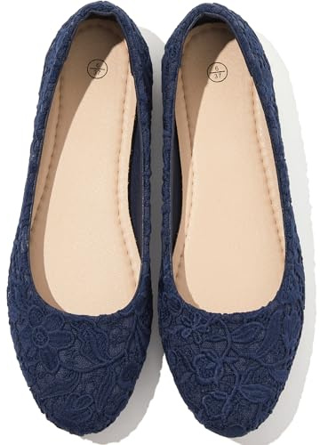 Dress Shoes for Women Round Toe Flats Shoes Lace Ballet Flats Dressy Comfortable Foldable Flats Low Heel(Navy.us11)